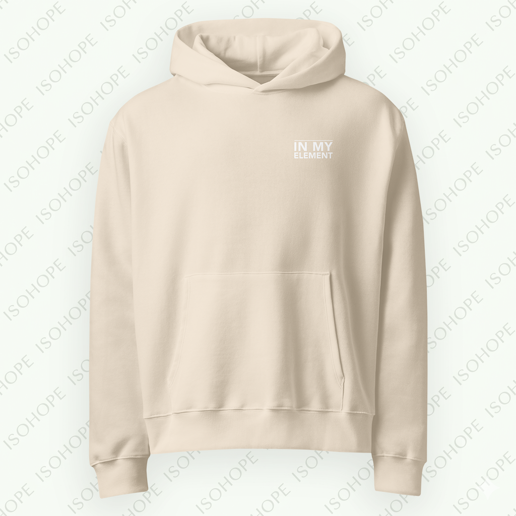 Dust hoodie with 'IN MY ELEMENT' text on a light gray background